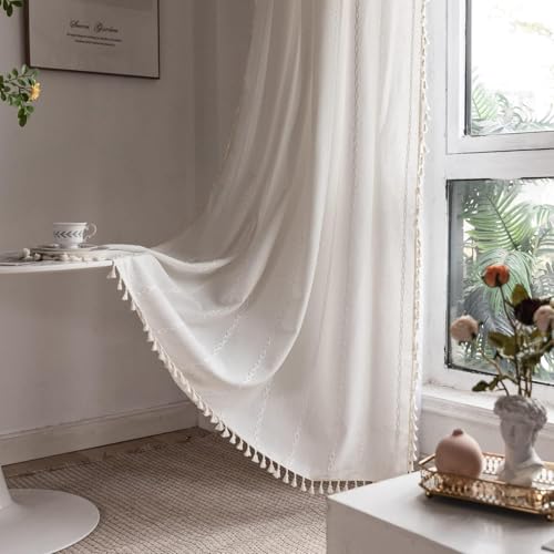 White 52W x 84L Boho Linen Curtains with Tassels - Pack of 2, Semi-Blackout for Living Room & Bedroom