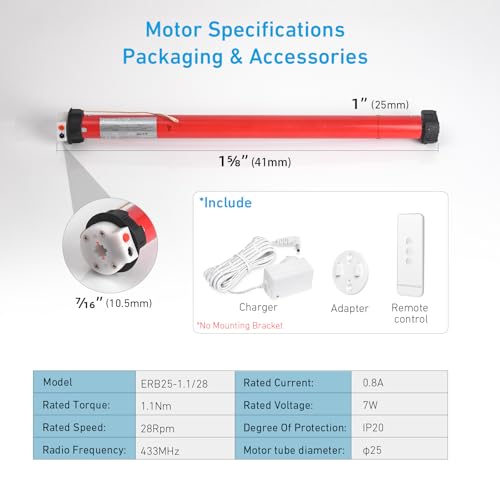 Rechargeable Wireless 1.5 Inch Tube Roller Shade Motor Kit with Remote - Rollerhouse