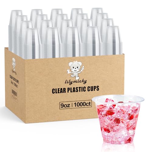 Lilymicky 1000 Pack 9 oz Clear Disposable Plastic Cups for Cocktails & Beverages