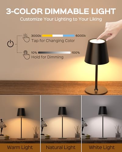 JACKYLED 2 Pack Cordless Rechargeable Table Lamps with 3 Height Settings, 3 Light Colors, Dimmable, Black Base