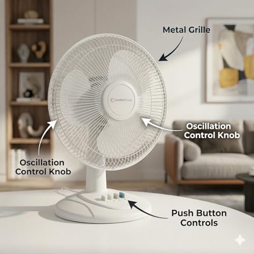 Comfort Zone White 16-Inch Oscillating Table Fan with Adjustable Tilt, 3-Speed, Quiet Desktop Fan CZ161WT
