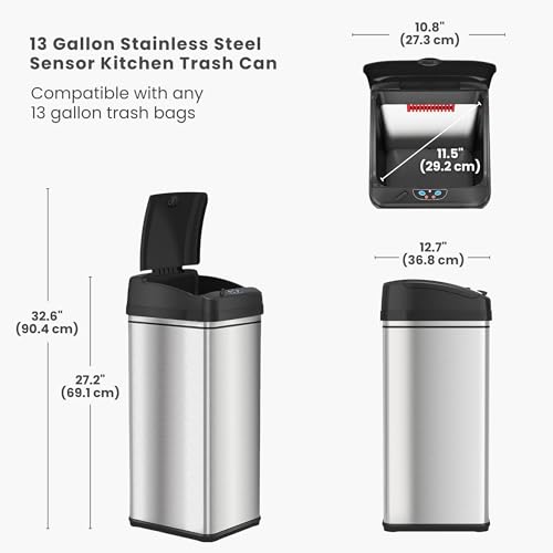 Sensor Touchless Kitchen Trash Can 13 Gallon Stainless Steel with Odor Filter