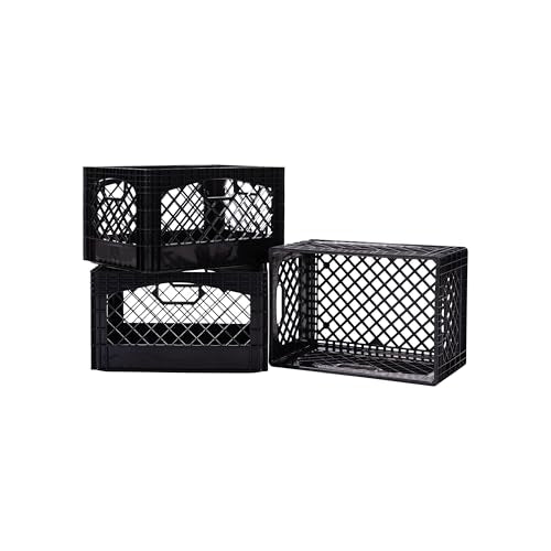 Black Plastic 24-Quart Rectangular Milk Crates 3-Pack with Handles - Heavy Duty Storage Bins