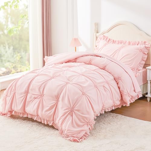 Twin Comforter Set for Girls, Boho Pintuck Bedding Sets, 4 Pieces