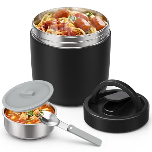 CMKPL Black Insulated Food Thermos 40.5oz with Spoon & Handle for Hot Meals
