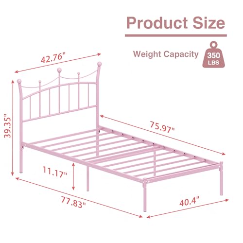 Pink Twin Bed Frame for Kids with Crown Headboard - Merronix Light Pink Twin Size Bed