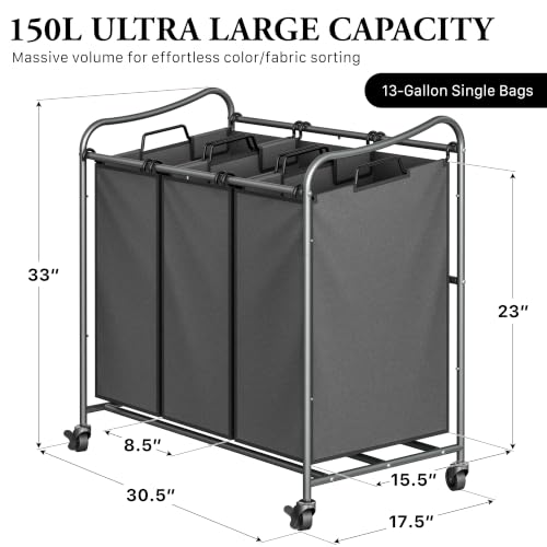 Simple Houseware Heavy Duty Laundry Sorter Cart Dark Grey - Rolling 3-Bag Organizer