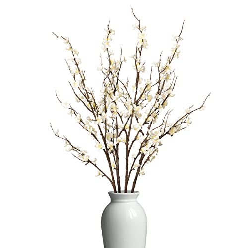 Artificial Cherry Blossom Branches - White, 4 Long Silk Flowers for Indoor Decor & Weddings