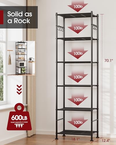 Heavy-Duty 6-Tier Metal Storage Shelves with Hooks - Black, 18.1 x 12.4 x 70.1 Inches
