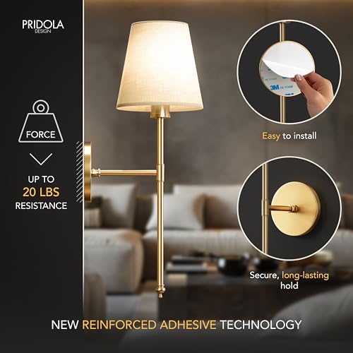 PRIDOLA Gold Wireless Wall Sconce Set of 2 - Rechargeable LED, Remote Control, Adjustable Brightness & Warmth, Easy Mounting