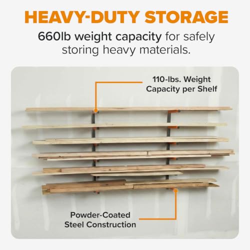 BORA 6-Level Wall Mount Lumber & Wood Storage Rack - Orange & Gray Organizer