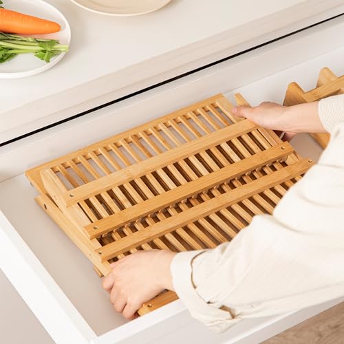 Bambooa 3-Tier Collapsible Bamboo Dish Drying Rack with Utensil Holder