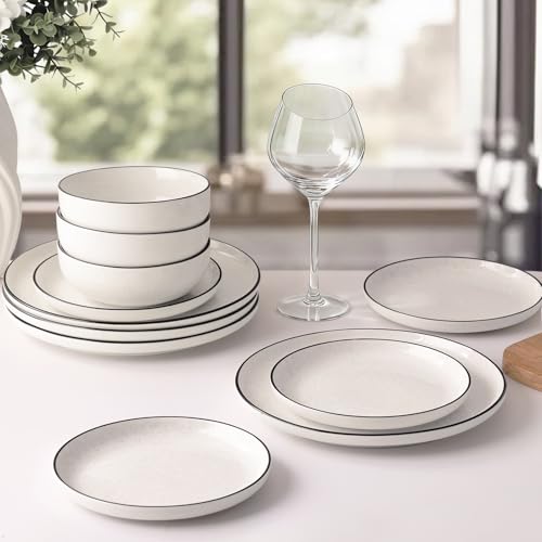 12-Piece Ceramic Dinnerware Set with Plates & Bowls - White, Black Rim, Microwave & Dishwasher Safe