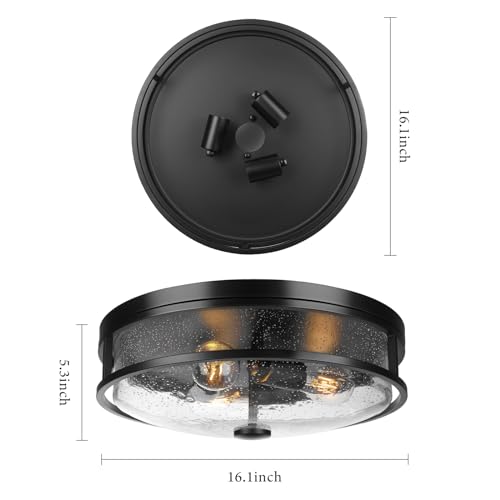 Rosient 16 Inch Large Black Flush Mount Ceiling Light Fixture with Seeded Glass - Modern Farmhouse Indoor Outdoor Lighting for Kitchen, Dining & Living Room - ROS88-Large