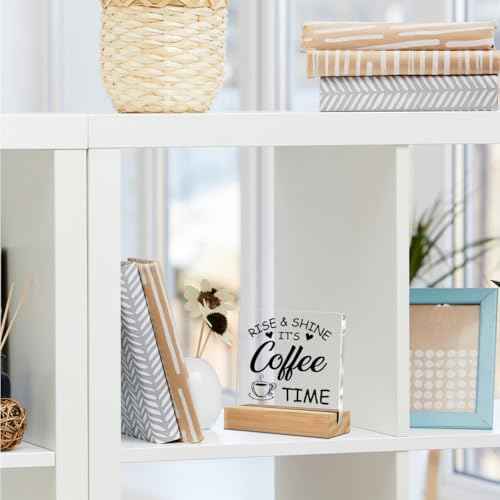 Coffee Bar Decor Acrylic Sign with Wood Stand, Coffee Lover Gifts Coffee Decor Coffee Shop Bedroom Living Room Desk Cubicle Coffee Table Shelf Decor, Coffee Gifts for Coffee Lovers Coffee Sign
