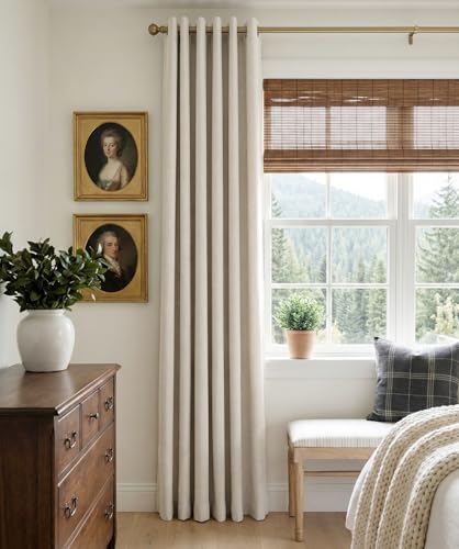 Alba Beige Blackout Linen Curtains 84 Inch Long 2 Panels Set - Light-Blocking Window Treatment