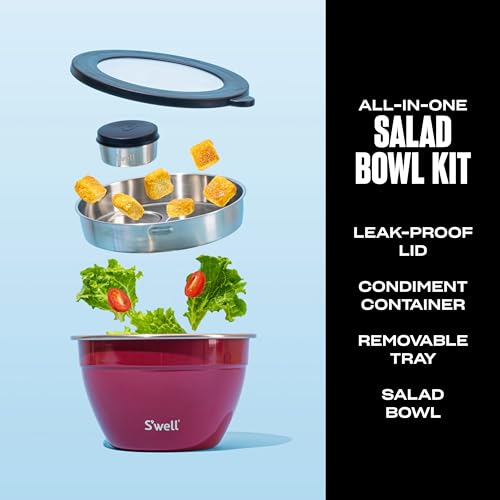Stainless Steel Salad Bowl Kit 64oz with Leakproof Lid & Removable Tray - Wild Cherry Variation