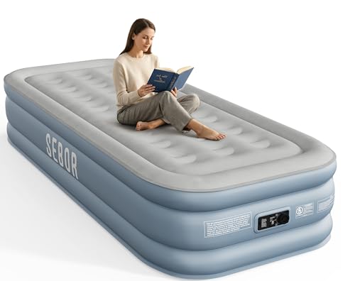 Twin Air Mattress with Built-in Pump - 18-Inch, Blue Gray, Self-Inflating, Portable for Camping & Guests