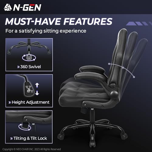 N-GEN Gaming Chair with Lumbar Support - PU Leather, Flip-Up Arms, Jet Black
