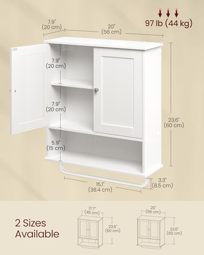 VASAGLE Wall Mounted Bathroom Cabinet with Towel Rod - Cloud White, 20" Rectangular, 2 Doors