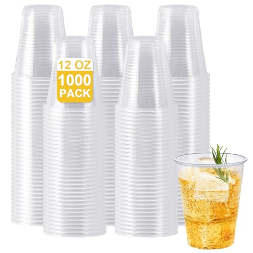 SIUQ 12 oz Clear Plastic Cups (1000 Pack) Bulk Disposable Cups