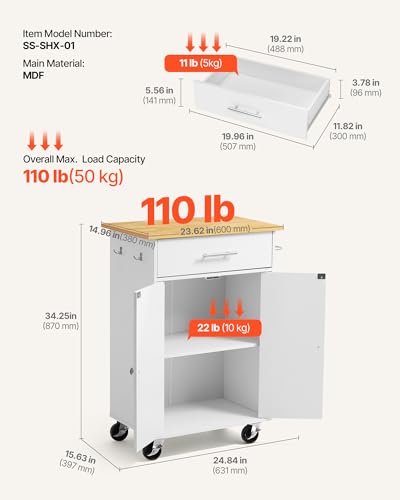 VEVOR Kitchen Island Cart with Storage 24.84 W White Mobile Rolling Kitchen Cart