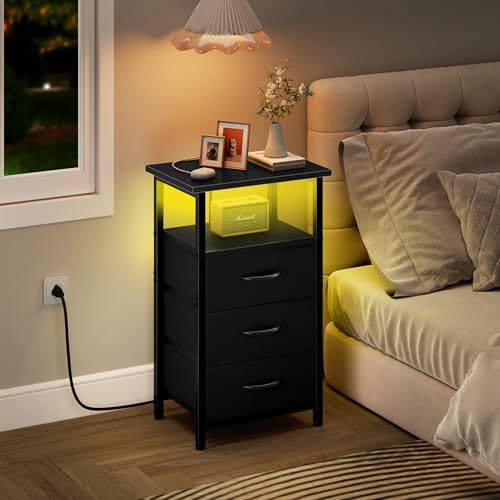 Vagusicc 2-Piece Nightstand Set with RGB LED Charging Stations, Black