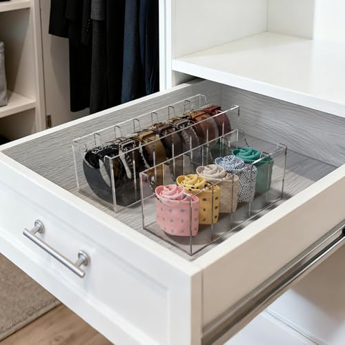 FEMELI 7-Compartment Acrylic Belt Organizer for Large Belts Closet Storage Box