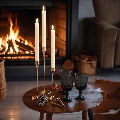 GenSwin Flameless Ivory Taper Candles Flickering with 10-Key Remote, Battery Operated Led Warm 3D Wick Light Window Candles Real Wax Pack of 3, Christmas Home Wedding Decor(0.78 X 9.64 Inch)