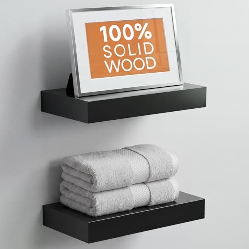 Modern Black Floating Shelves Set of 2 - 12 Inch Solid Pine Wall Storage