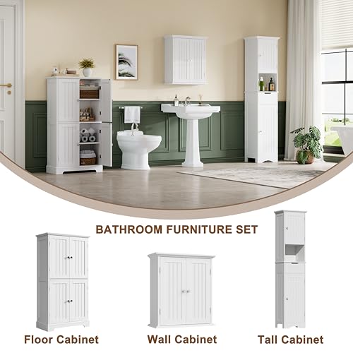 White Over The Toilet Bathroom Wall Cabinet with 2 Doors, 8.8"D x 21.1"W x 24"H