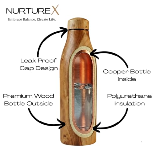 Teakwood Insulated Copper Water Bottle - 17 Oz / 500 ml, Natural Wooden Finish
