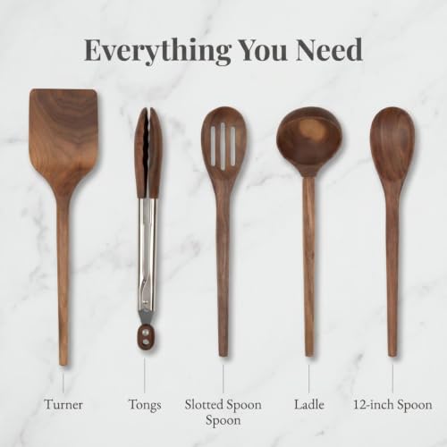 Salt & York Walnut Wooden Cooking Utensil Set - 5-Piece Kitchen Tools