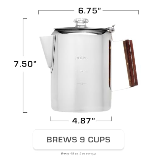 Stainless Steel Percolator Coffee Pot 9 Cup Stovetop Coffee Maker - No Aluminum or Plastic