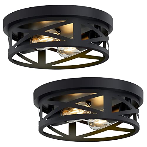 SKEJAO 10.63-inch Black 2-Light Flush Mount Ceiling Light Fixture for Farmhouse & Kitchen