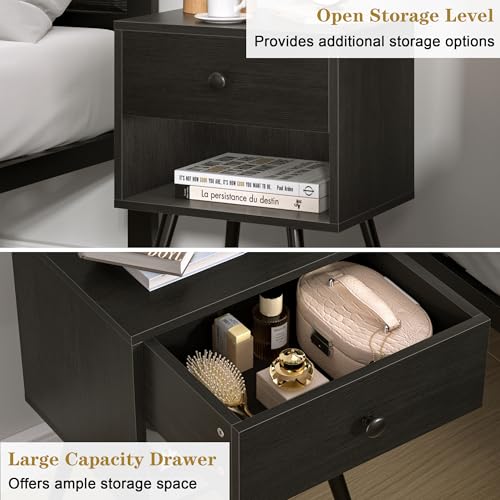 VECELO Black Nightstands Set of 2 | Modern Mid Century Bedside Tables with Storage Drawer & Open Shelves