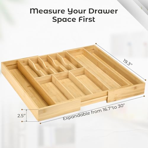 Fabsome Expandable Silverware Organizer Tray 19.3'' Bamboo Cutlery Holder for Large Kitchen Drawers