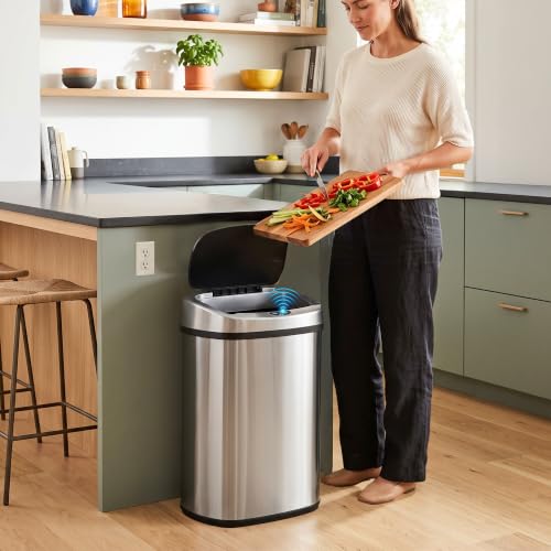 Touchless Kitchen Trash Can 13 Gallon Oval Sensor Bin with Odor Filter - Brushed Silver