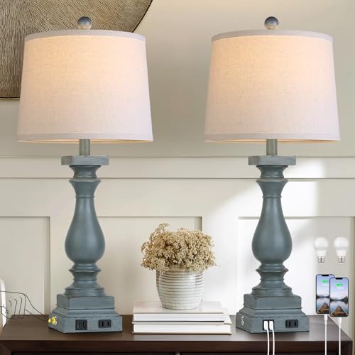 Farmhouse Table Lamps Set of 2 with USB-C & AC Outlets - Blue Vintage Nightstand Lamps - 3 Way Touch Control for Bedroom Living Room Office - Blue-2pack