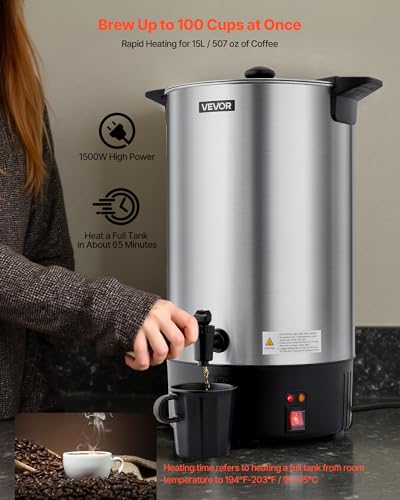 VEVOR Commercial Coffee Urn 100 Cups 15L Hot Beverage Dispenser with Dripless Faucet