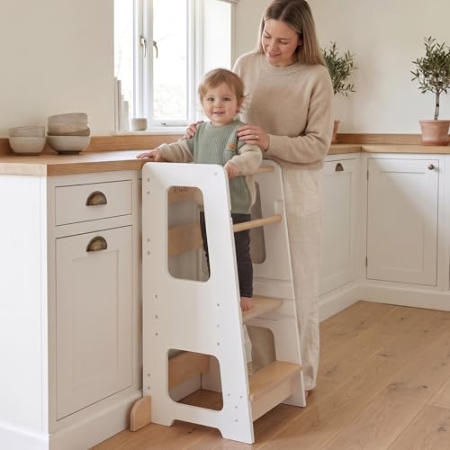 White Wooden Toddler Kitchen Helper Tower with 3 Heights - Safe & Adjustable