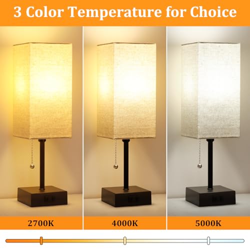 Black Linen 15-Inch Bedside Table Lamp with 3 Color Modes & USB Outlet
