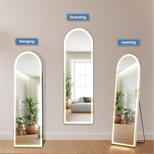 White Arched LED Full Length Floor Mirror 60x16 Inch Modern Full Body Wall Mirror