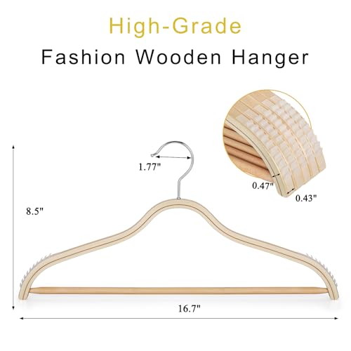 30-Pack Wooden Hangers with Non-Slip Rubber Grips and Pants Bar - Lightweight Clothes Hangers