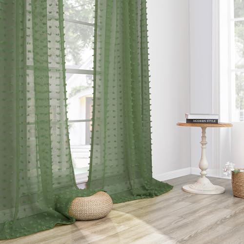 DANCURTON Olive Green Sheer Curtains 52x84 Inches Set of 2 Boho Pom Pom Window Treatments