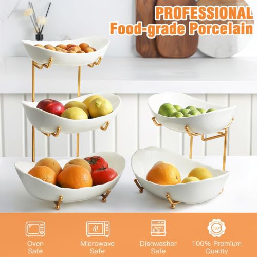 Gold 3-Tier Ceramic Fruit Basket for Kitchen Counter - Small