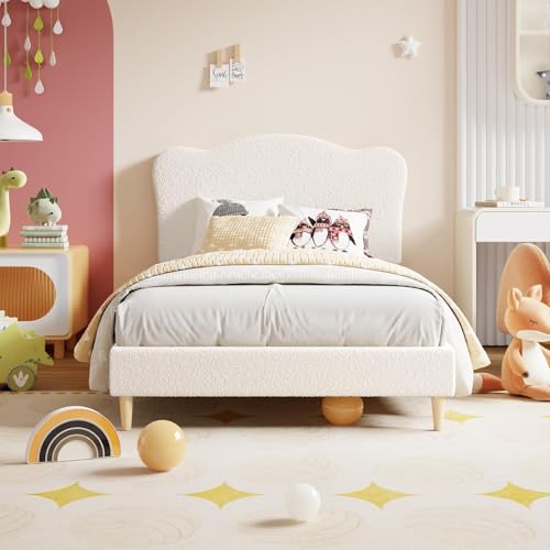 Beige Upholstered Twin Bed Frame for Kids - Safe, Sturdy & Easy Assembly