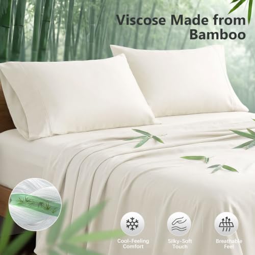 QUTOOL Bamboo Viscose King Bed Sheets Set Ivory 4PC Cooling Luxury Bedding