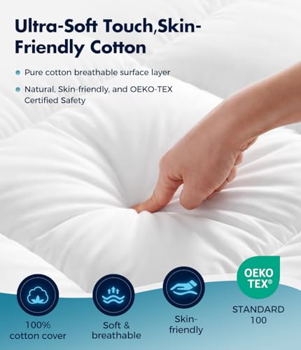 Fracho Queen Cotton Mattress Topper - Extra Thick Pillow Top Bed Pad
