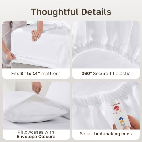 California Design Den Queen Cotton Sateen Sheets Set - Bright White, 4 Pc, Natural, Breathable, Softened with Wash, Deep Pockets